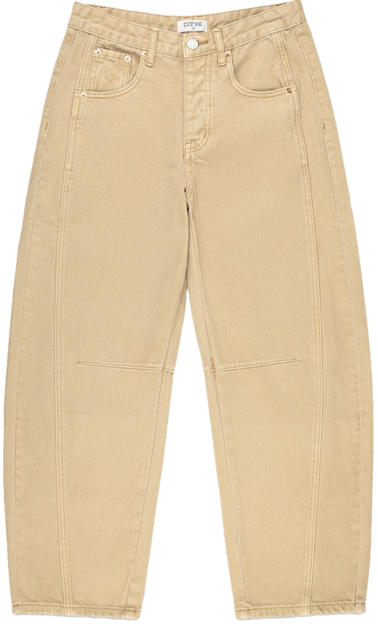 camel horseshoe jean flat lay - camel