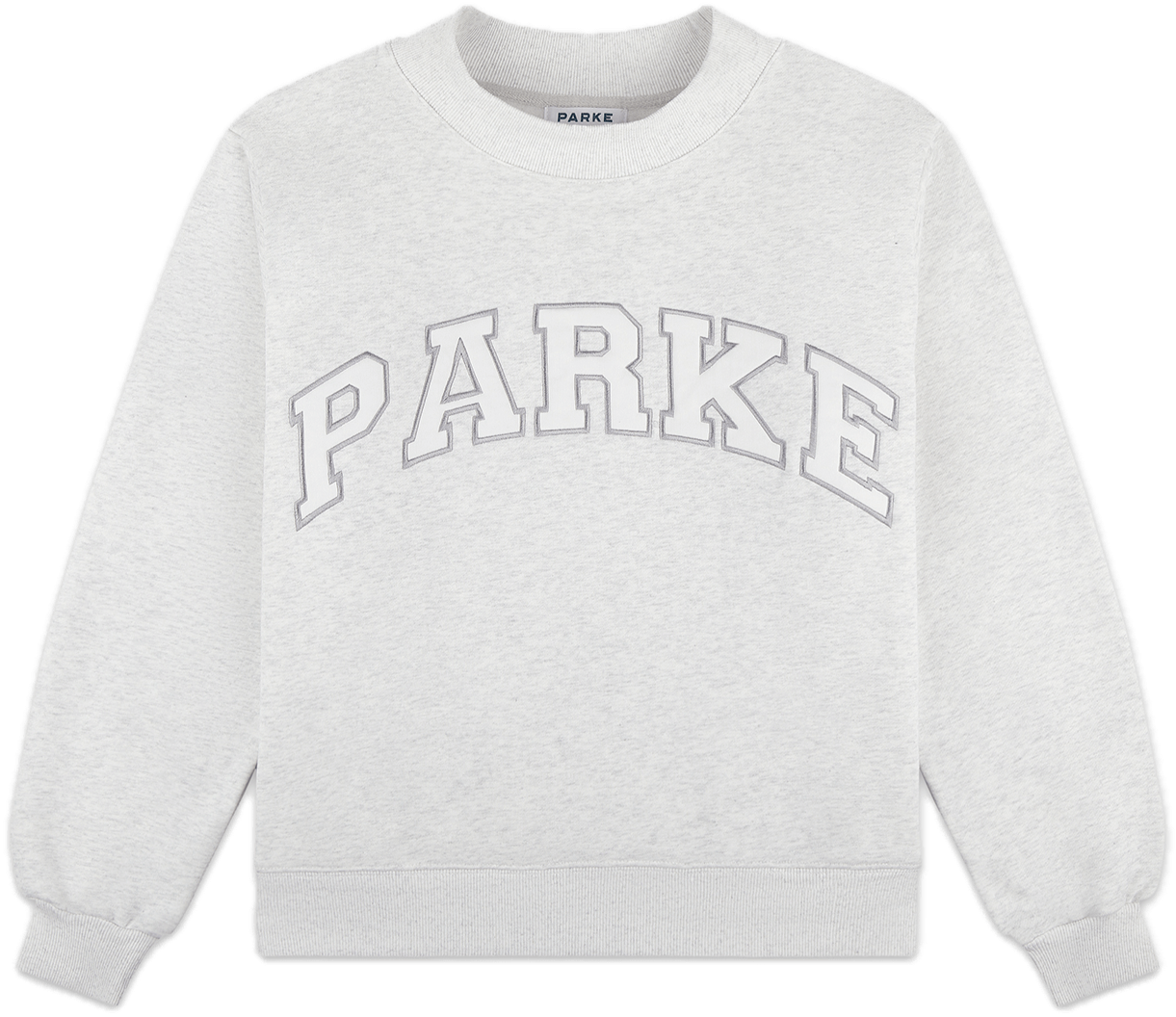 varsity mockneck flat lay -heather grey + white