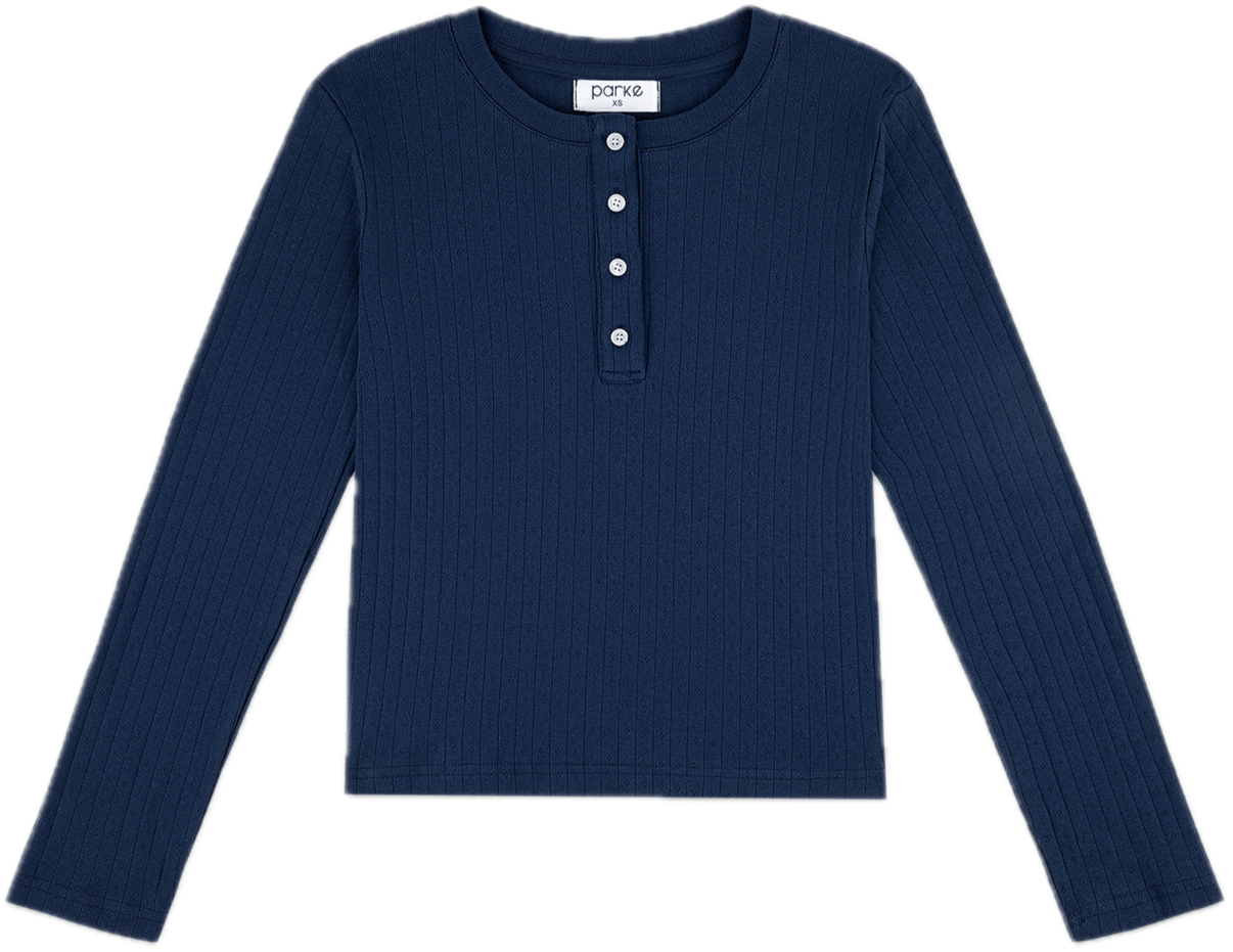 Navy Pointelle Henley flat lay - navy