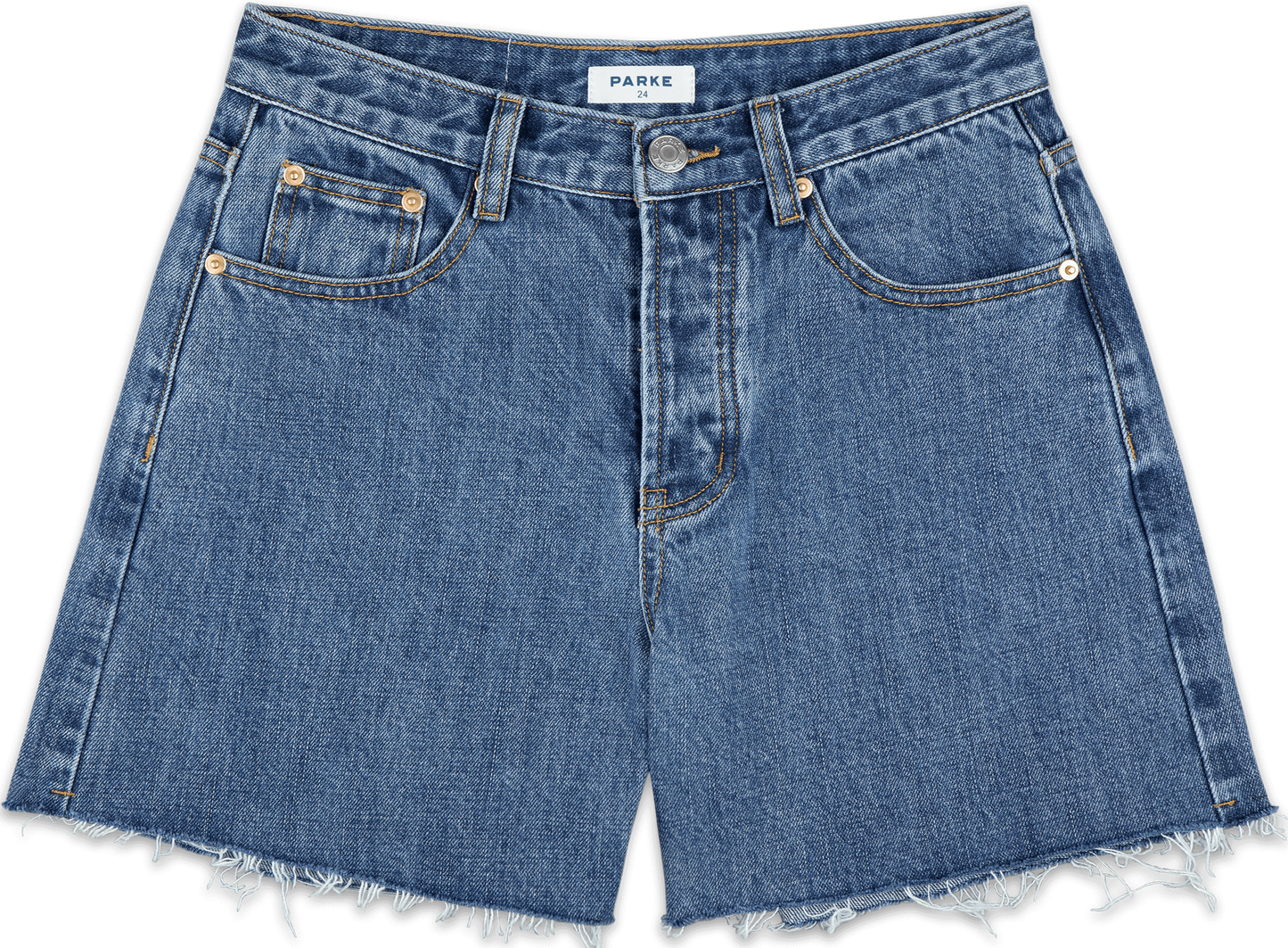 long baggy shorts flat lay -medium wash