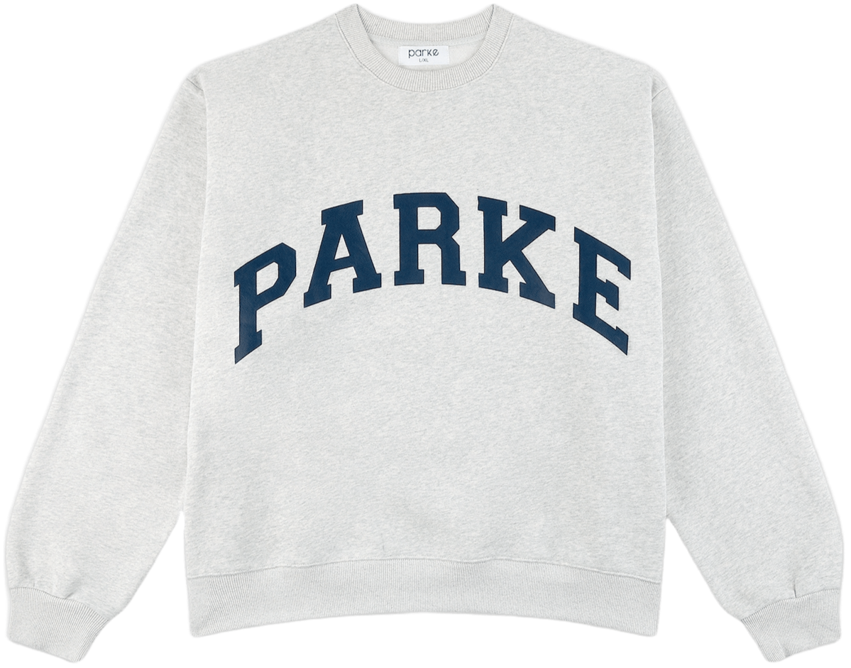 varsity crewneck sweatshirt flat lay -classic grey + navy