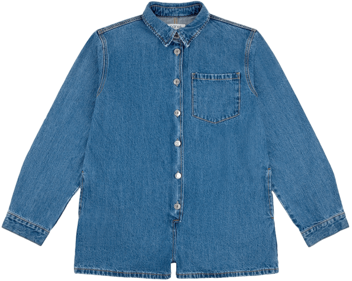 long sleeve denim romper flat lay -med wash