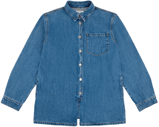 long sleeve denim romper flat lay -med wash