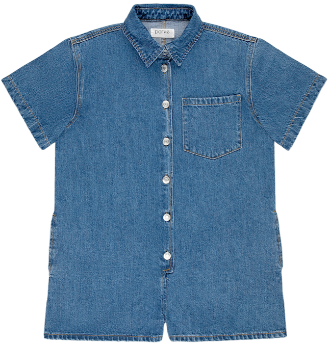 short sleeve denim romper flat lay -med wash