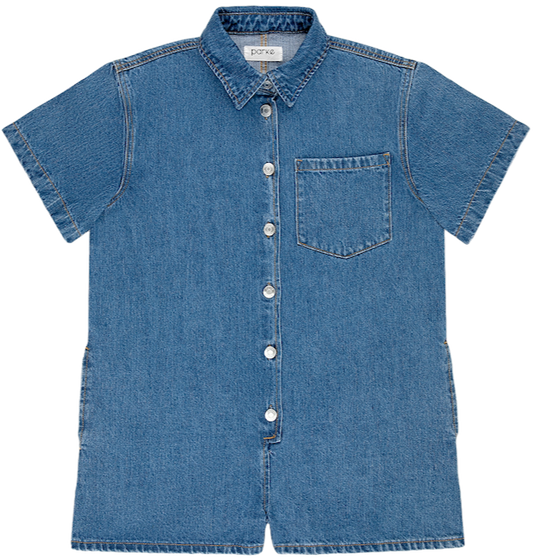 short sleeve denim romper flat lay -med wash