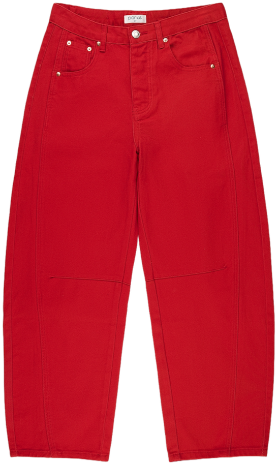 Red horseshoe jean flat lay - red