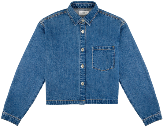 med wash cropped denim shirt flat lay -med wash