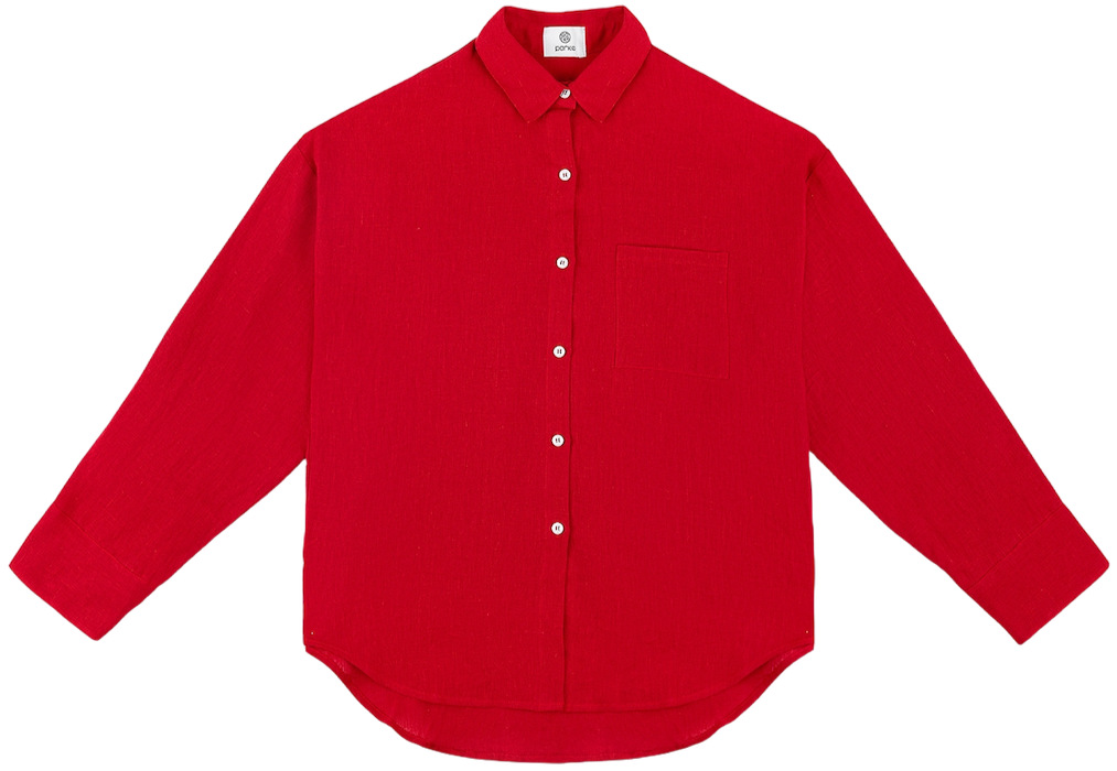 cherry linen boyfriend button down flat lay- cherry