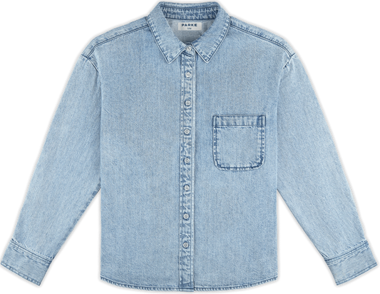 long sleeve denim shirt flat lay -vintage wash
