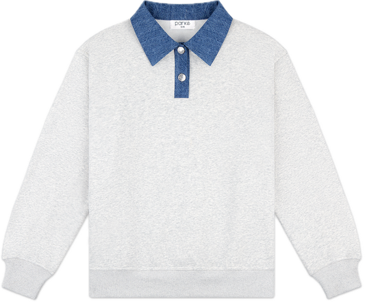 denim collar sweat rugby flat lay -classic grey