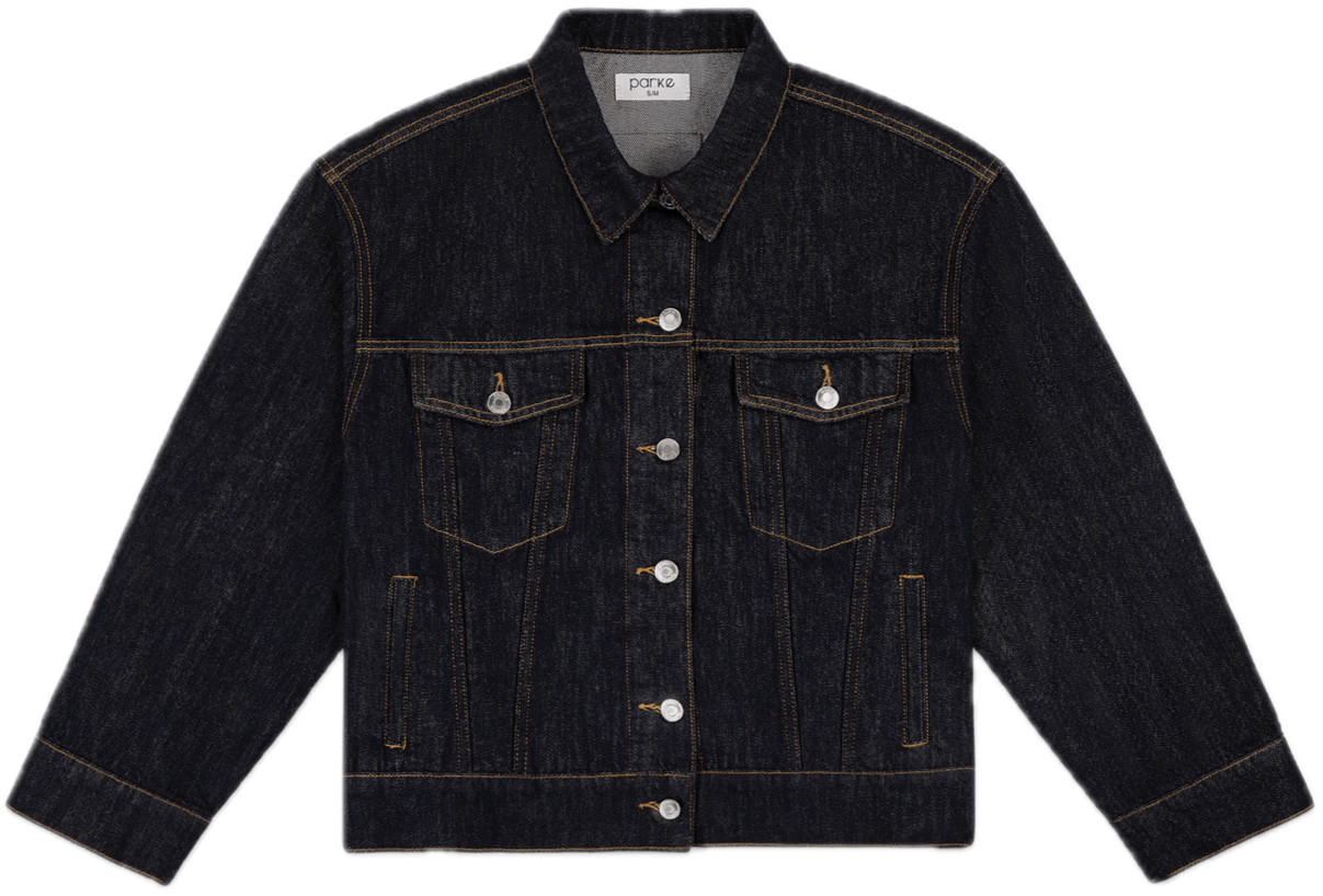 dark wash oversized jean jacket flat lay -dark wash