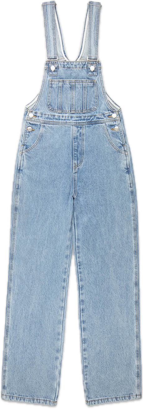 denim overalls flat lay -vintage wash
