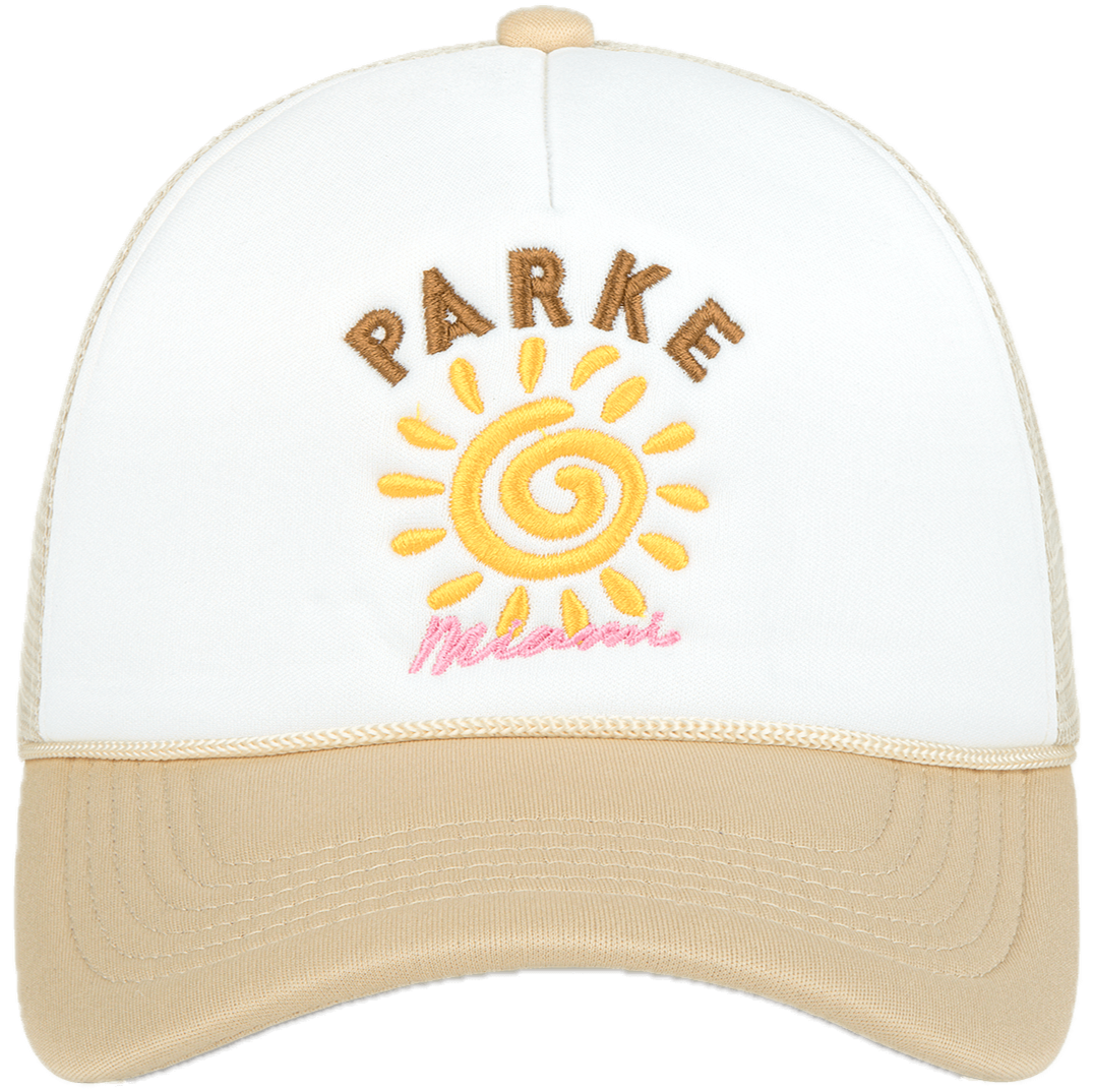 miami mesh trucker hat flat lay -white + cream