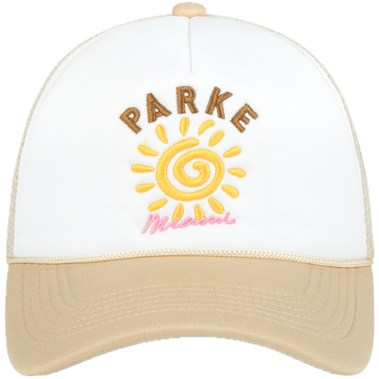 miami mesh trucker hat flat lay -white + cream