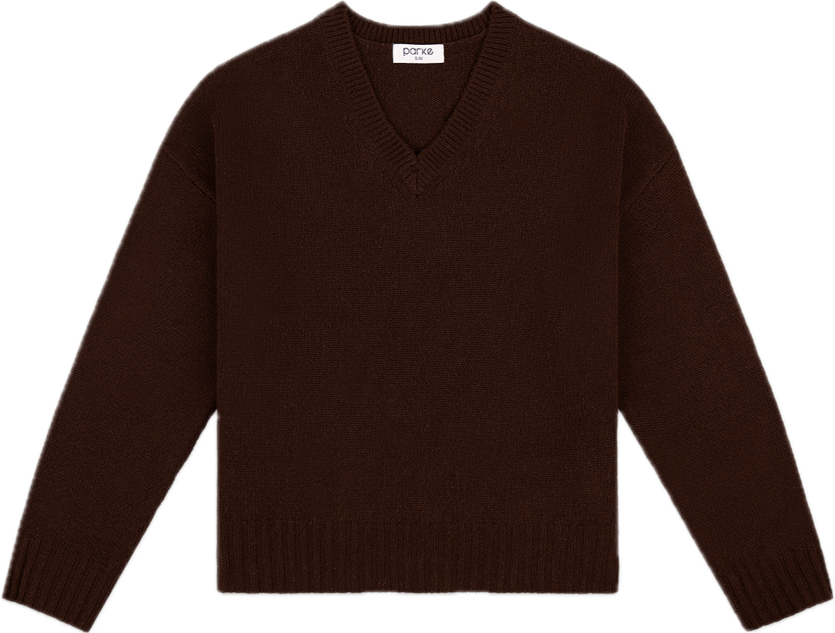 v neck sweater flat lay -chocolate