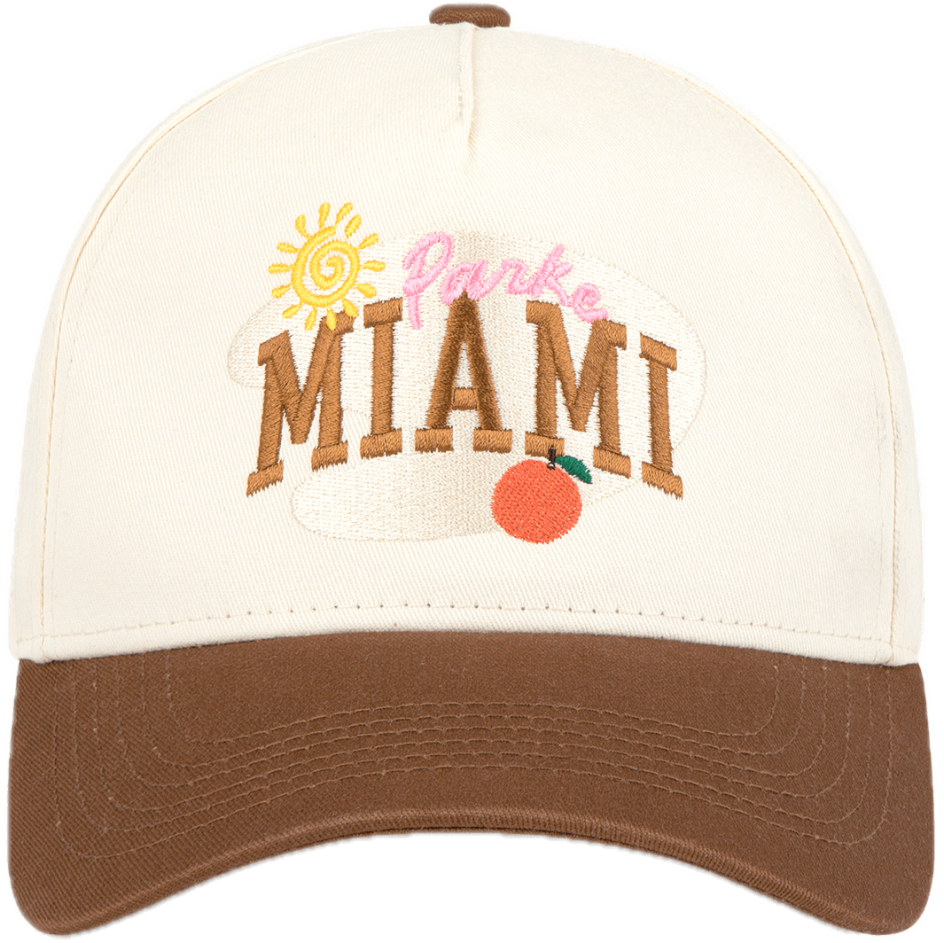 Miami baseball hat flat lay -cream + chocolate brown