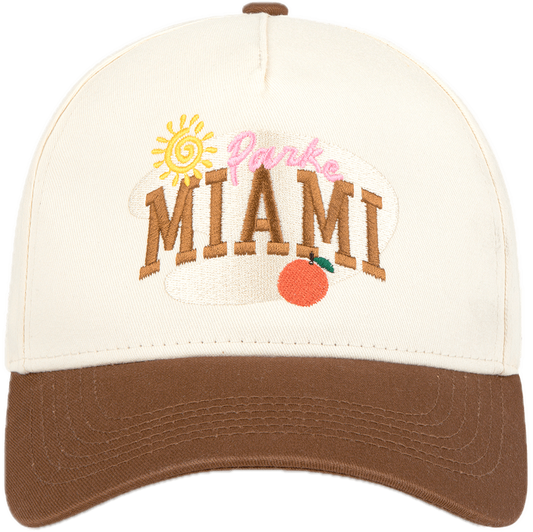Miami baseball hat flat lay -cream + chocolate brown
