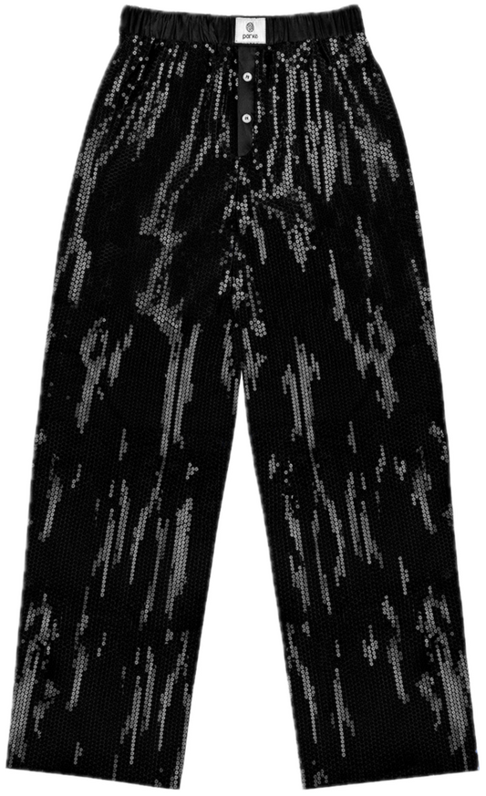 black sequin boxer pant flat lay -black